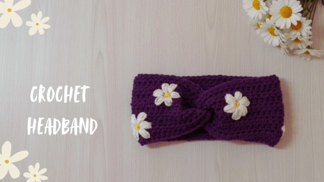 crochet headband with daisies embroidery