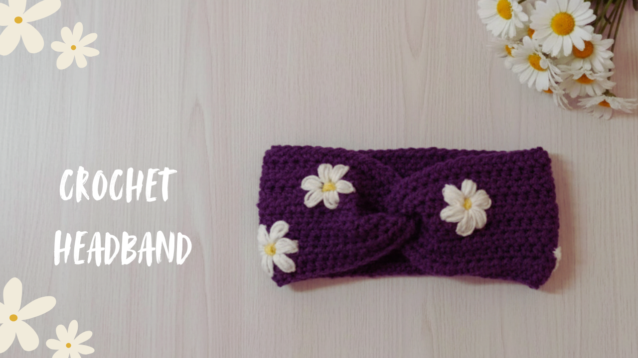 crochet headband with daisies embroidery