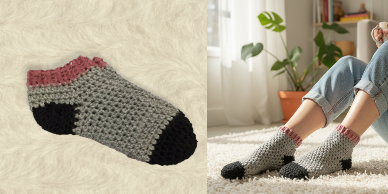 Easy Crochet Socks Pattern with Ribbed Cuff, image size:1280x640
